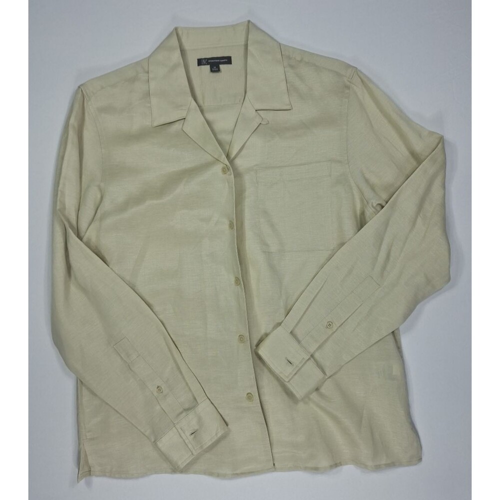 INC International Concepts Men M Linen Button Up Shirt Beige Khaki Long Sleeve